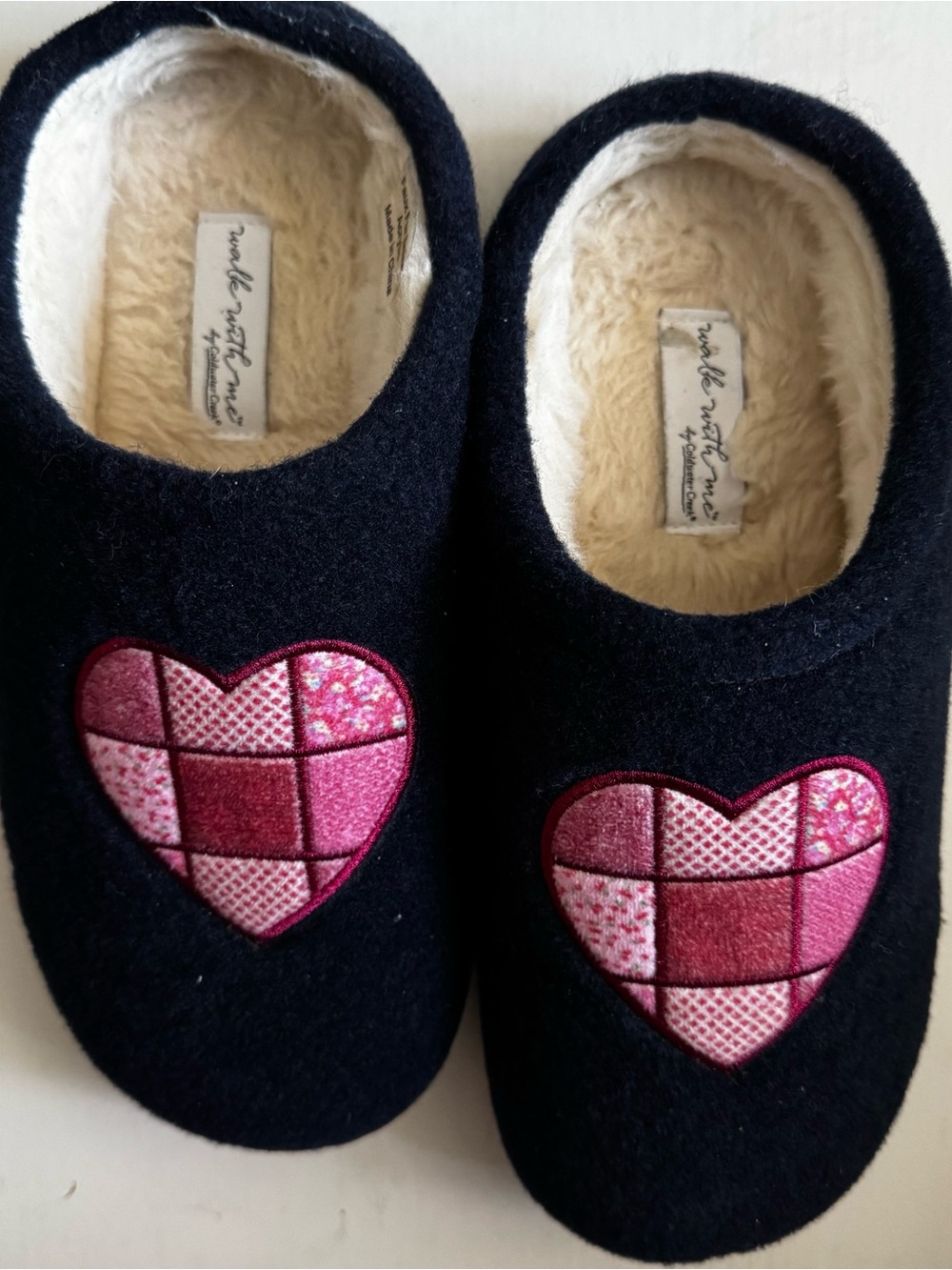 Coldwater Creek Navy Slippers with Pink Patchwork Hearts
